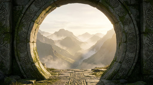 Ancient stone archway looking out over mountain mist