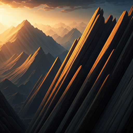 A panoramic high-resolution landscape of a sharp, ancient mountain ridge at the golden hour with mist clinging to the stone peaks, creating a sense of infinite height and spiritual grandeur. The color palette is composed of deep earthy greys and warm amber sunlight.