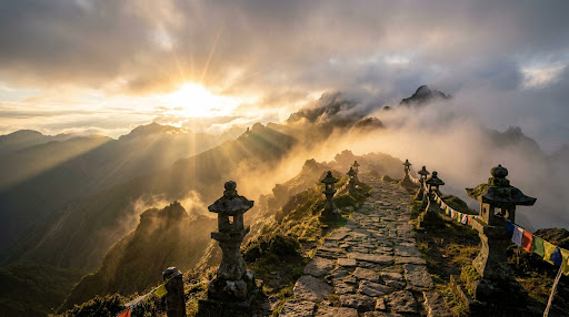 Hero background of a misty mountain range at sunrise